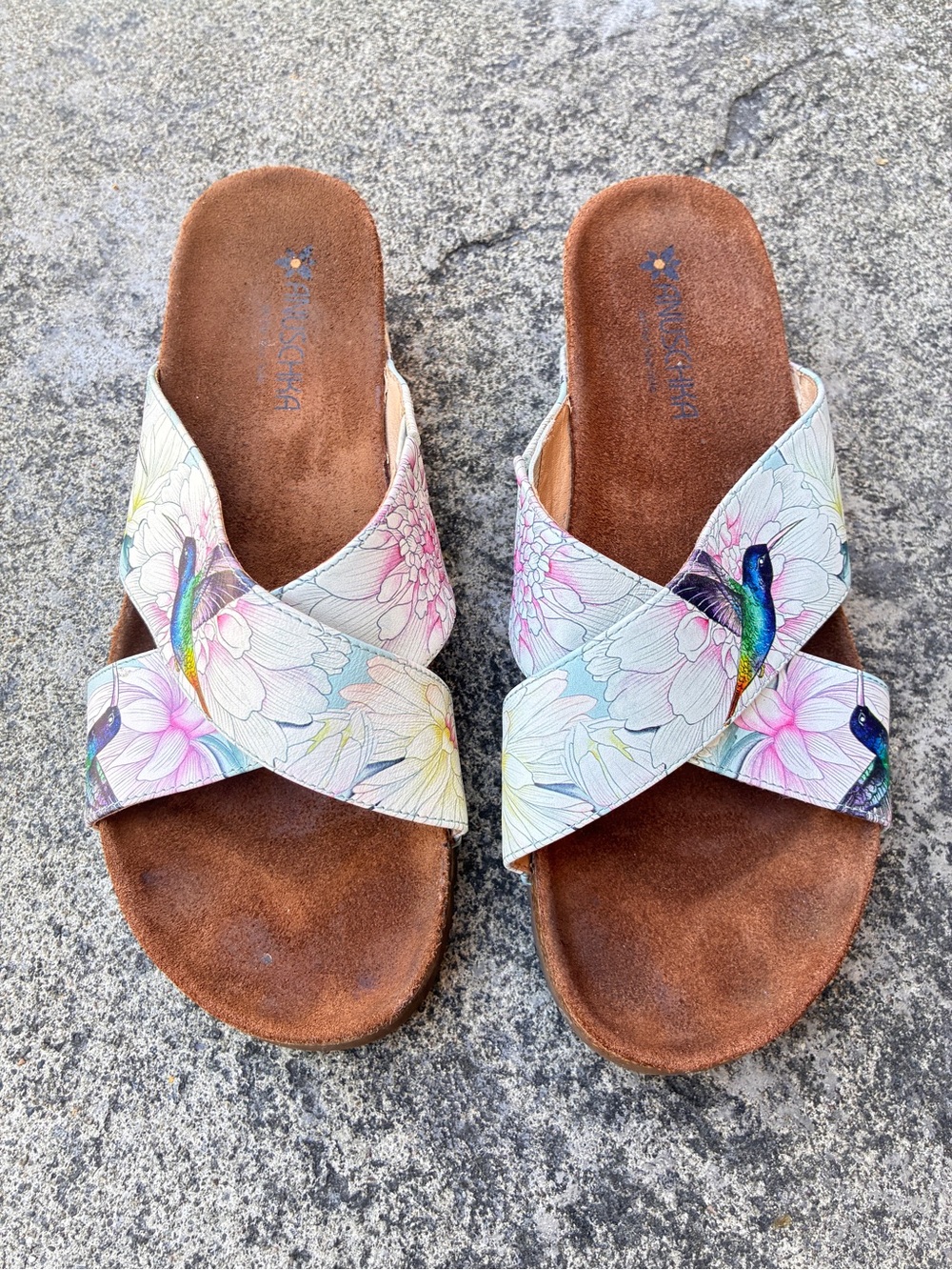 Anuschka Leather Hummingbird Floral Crisscross Wedge Slide Sandals - Size 9